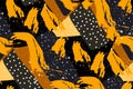 Seamless abstract pattern. Splashes and strokes of paint, geometric shapes of yellow, black and gray. Original unusual print.